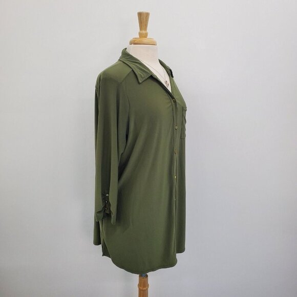 Roz & Ali Womens 3/4 Sleeve Olive Green Button Front Blouse Top Plus Size 2X - Picture 2 of 15